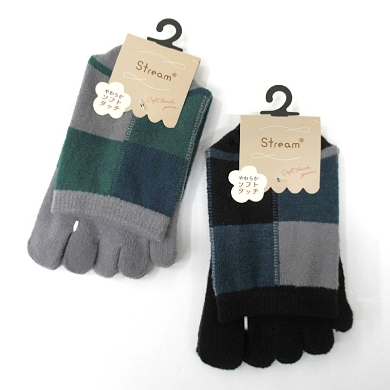 STREAM -やわらかソフトタッチ- ブロックチェック柄 5指クルーソックス